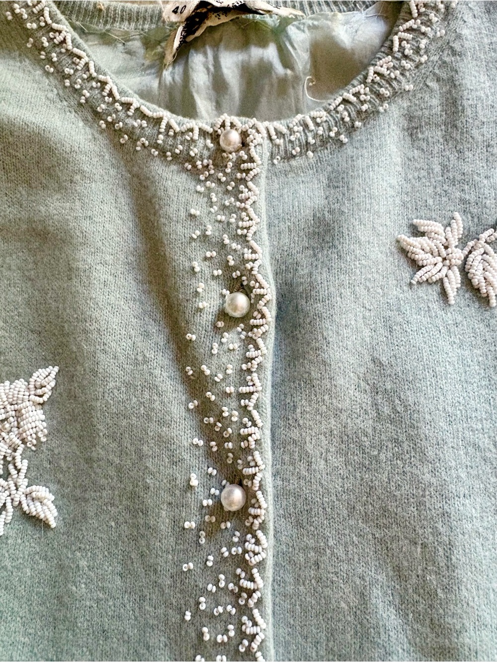 VTG 50s Lambswool Angora Beaded Cardigan Pearl Button Harilela's Coquette - Picture 6 of 10